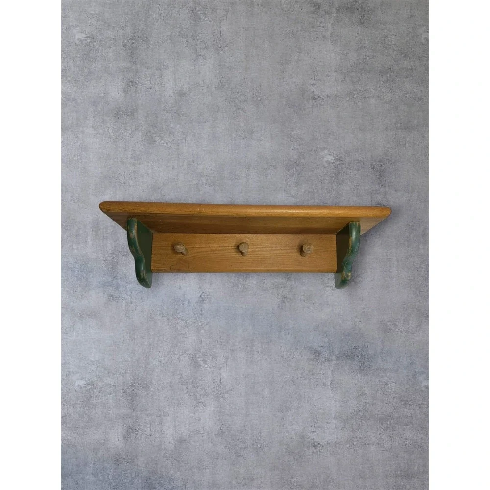 Idle Hands Wood Wall Shelf 18 Inch Brown Green 3 Peg Farmhouse Rack